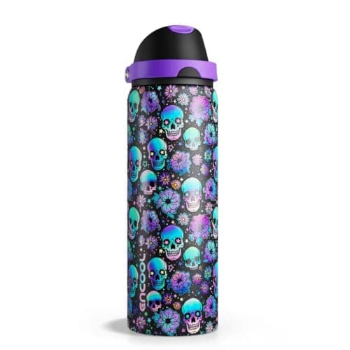 Insulated Water Bottle with Straw - Encool Stainless Steel Water Bottle with Push Button Lid, Leak-Proof & BPA-Free, Keeps Cold for 24 Hours for Sports, Travel, Gym (32 oz, Floral Afterlife)