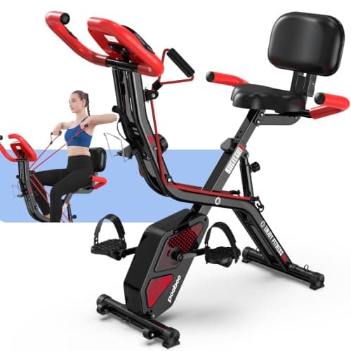pooboo 4-in-1 Magnetic Folding Exercise Bike, Foldable Stationary Indoor Cycling Bike with 8-Level Resistance, Pulse Sensor, Arm Bands & Backrest for Home Workouts