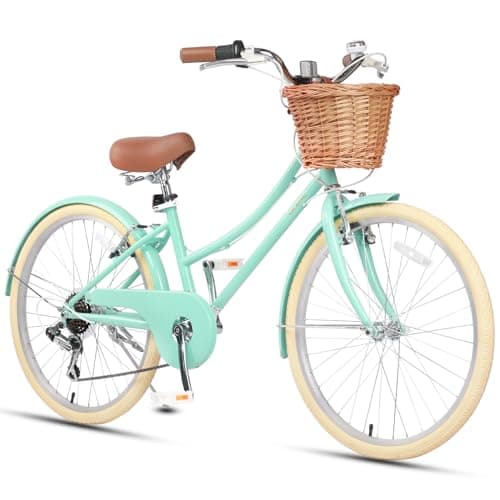 Glerc 24 Inch Beach Cruiser Bike, 6-Speed Hybrid City Bicycle for Girls Youth and Over 6 Years Old, Missy Bike with Wicker Basket & Lightweight, Mint