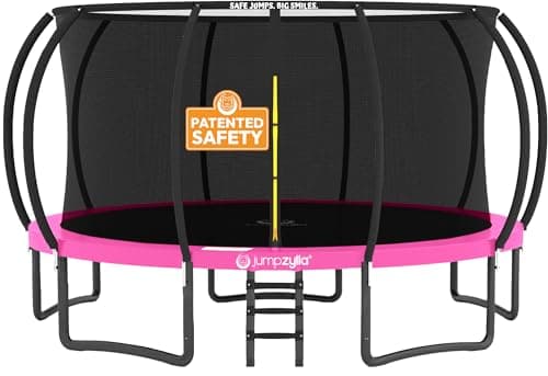 JUMPZYLLA Trampoline Outdoor 8FT 10FT 12FT 14FT 15FT 16FT with Enclosure and Ladder, ASTM Approved Recreational Trampoline for Kids and Adults, Anti-Rust Coated Frame (Pink, 16FT)