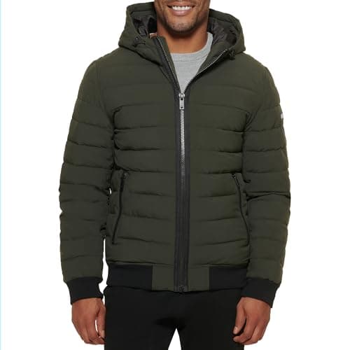 DKNY Men's Quilted Performance Hooded Bomber Jacket, Dark Olive Matte Stretch, Medium