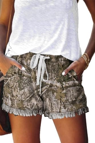 YOCUR Women's Denim Shorts Flowy Fashion Elastic Waist Tassel Distressed Drawstring Boxer Lounge Jean Shorts Forest Camo M