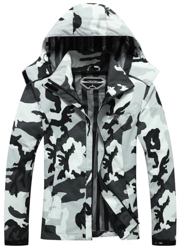 Women's Waterproof Raincoat Lightweight Rain Jacket Detachable Hood Travel Outdoor Black Camo XXL