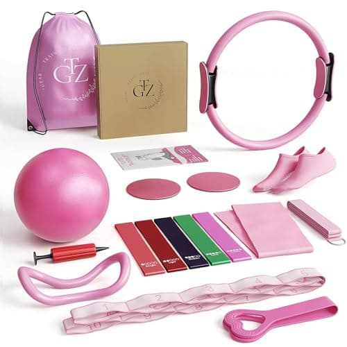GTZ Gear At Home Pilates Kit Essentials - 18Pcs Pilates Equipment Set with Floor Sliders, Hoop Bands, Resistance Bands - Workout Equipment for Women, Yoga Kit Accessories Starter for Legs Thighs Arms