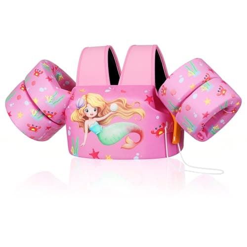MoKo Toddler Swim Vest for Kids, Swim Arm Floaties 22-66lbs Cartoon Swimming Water Wings Pool Float Vests Sleeves Shoulder Straps Arm Band for Children Learn to Swim, Pink Pearl Mermaid