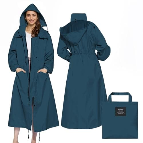 LAMA Womens Long Raincoats Rain Jacket Waterproof Packable Outdoor Hooded Windbreaker Lightweight Adjustable Waist for Outdoors(Sea Blue, XL)