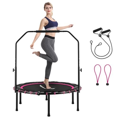 SONGMICS 40 Inches Mini Fitness Trampoline, Fitness Rebounder with Adjustable Handrail, Foldable Trampoline for At-Home Workout, Max. Load 264.6 lb, Pink and Black USTR040P01