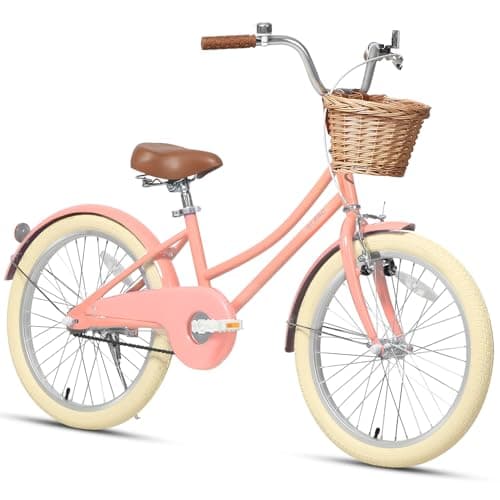 Glerc Little Molly 20 Inch Kids Bike, Retro Cruiser Girls Bike for Children Ages 7-13 Years Old, Kids Bicycle with Wicker Basket & Kickstand, Peach