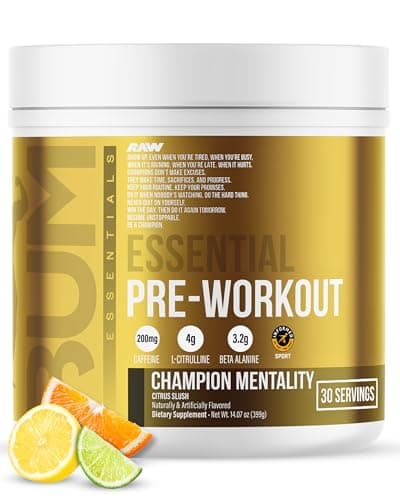 RAW Essential Pre-Workout Powder (Champion Mentality) - Chris Bumstead Sports Nutrition Supplement for Men & Women - Preworkout Energy Powder with Caffeine, L-Citrulline, L-Tyrosine & Beta Alanine