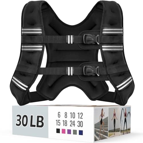 Zeerun Weighted Vest, 6lb/8lb/10lb/12lb/15lb/18lb/20lb/24lb/30lb for Men Women, Reflective Stripe Adjustable Buckle, Comfortable Durable Rucking Vest for Walking Running Strength Training, 30LBS-Black