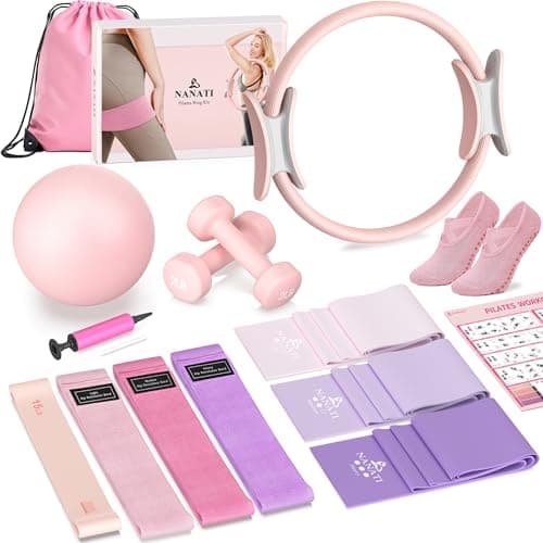 NANATI Pilates Kit with Dumbbells, Pilates Essential Kit for Women, Pilates Equipment with 14.5" Pilates Ring and Ball, Resistance Bands & Grip Socks for Starter Home Workouts (Pink Pro)