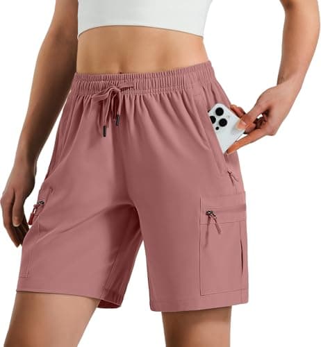 Hugut Women's Lightweight Hiking Cargo Shorts Quick Dry Athletic Shorts Camping Travel Golf Zipper Pockets Water Resistant Dusty Pink
