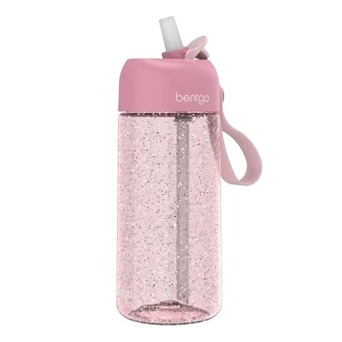 Bentgo Kids Water Bottle - Leak-Proof, Durable Tritan PFAS- & BPA-Free 15 fl oz, Kids/Toddlers Ages 3+ for School & Sports; Bite & Sip Spout, Carrying Handle, Dishwasher Safe (Petal Pink - Glitter)