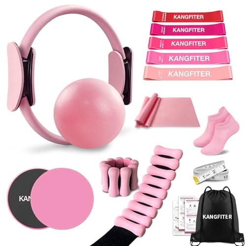 KANGFITER Pilates Equipment Kit for Home Workout, Pilates Ring and Ball Set with Adjustable Ankle Wrist Weights, Resistance Bands, Tape Measure, Bag, Pilates Essentials Accessories for Women Yoga