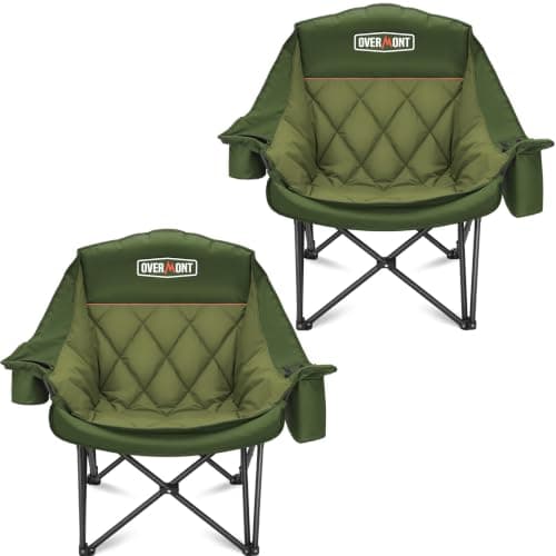 Overmont Oversized XL Camping Chair for Adults - 2 Pack 500lbs Support Heavy-Duty Padded Folding Chair with Side Pocket Cup Holder Cooling Bag for Outdoor Sports Garden Beach Fishing Lawn Green