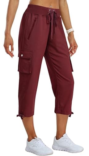 MoFiz Cargo Capri Pants for Women Lightweight Quick Dry Summer Capris for Hiking Travel Casual Wine Red L