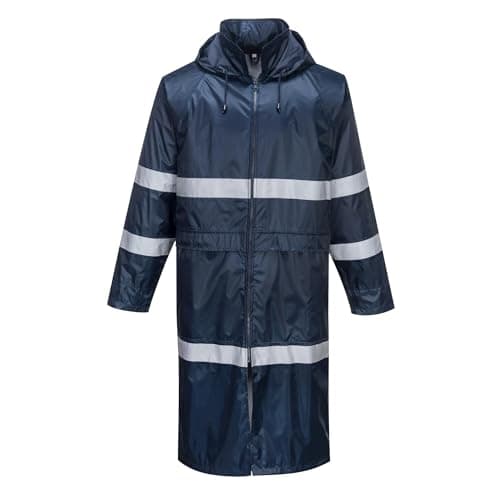 Portwest F438 Men's Waterproof Raincoat - Reflective Long Rain Jacket with Hood and Pockets Navy, 4X-Large