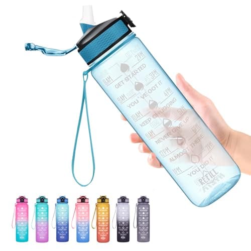 Hyeta Clear Water Bottle with Straw & Time Marker, Plastic 32oz Leakproof