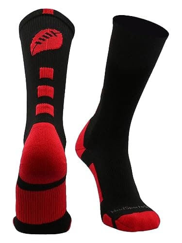MadSportsStuff Made in USA Football Socks - Youth & Adult Crew for Flag or Tackle - Black/Scarlet, Large - Moisture Wicking Compression