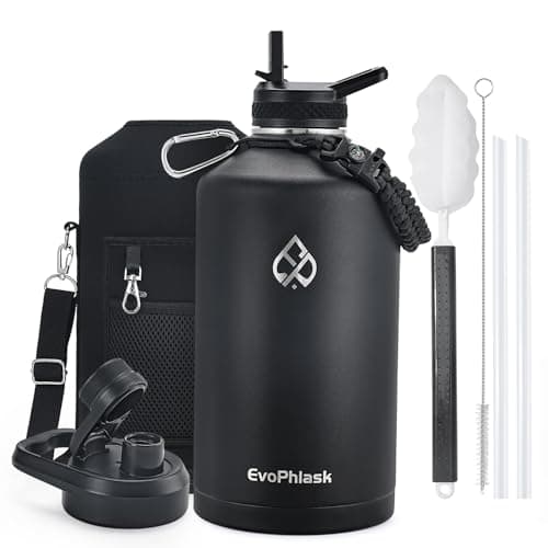 EvoPhlask 1 Gallon Water Bottle Insulated, Vacuum Stainless Steel Water Bottle Keep Cold 48Hrs, 128 oz Large Gallon Water Jug for Travel, Sport, Gym, Hiking with Carrier Bag, Black