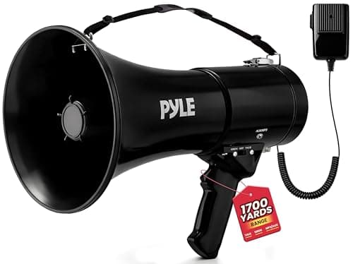 PYLE 50W Megaphone Speaker PA Bullhorn - Built-in Siren, Adjustable Volume Control, 35mm Aux Input, 1554 Meters Range, Perfect for Sports Events, Emergency Drills, and Outdoor Activities, Black
