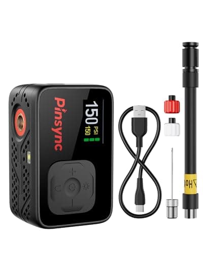 Pinsync Mini Electric Bike Pump, 17S Fast Inflate 150PSI Portable Tire Pump with Auto Stop, Presta & Schrader Valve Compatible for Road Bike, MTB, E-Bike
