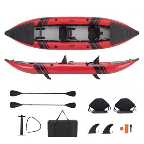 GYMAX Inflatable Kayak, 12.5Ft 507lbs Tandem Kayak with 2 Aluminum Paddles, 2 Padded Seats, Footrests, 2 Fins, Hand Pump, Carry Bag & Repair Kit, 2 Person Fishing Touring Kayak for Adults Youth (Red)