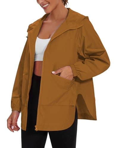 PESION Women's Waterproof Rain Jacket Lightweight Hooded Raincoat for Hiking Travel Outdoor, Caramel, XXLarge