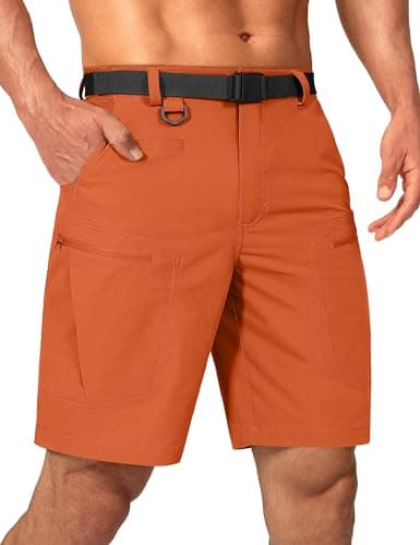 Shallowlulu Mens Cargo Hiking Shorts Water Resistant Quick Dry Lightweight Breathable Tactical Shorts with Nylon Belt(Orange 34W/8L)