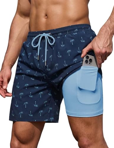 COOFANDY Men's 7" Swim Trunks with Compression Liner Stretch Swimming Shorts with Zipper Pockets 2026 Navy Blue Palm Tree