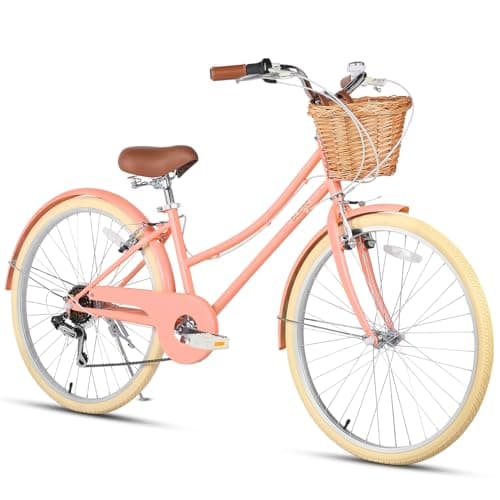 Glerc 26 Inch Beach Cruiser Bike, 6-Speed Hybrid City Bicycle for Girls Youth and Over 6 Years Old, Missy Bike with Wicker Basket & Lightweight, Peach