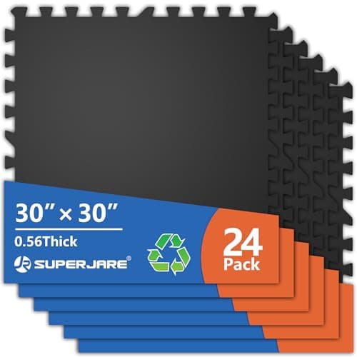 SUPERJARE 30" x 30" Larger Rubber Top Exercise Equipment Mats, 0.56" Thick 24PCS 150 Sq Ft High-Density EVA Foam Interlocking Gym Flooring, Big Workout Mat for Home Gym, Floor Protection, Black