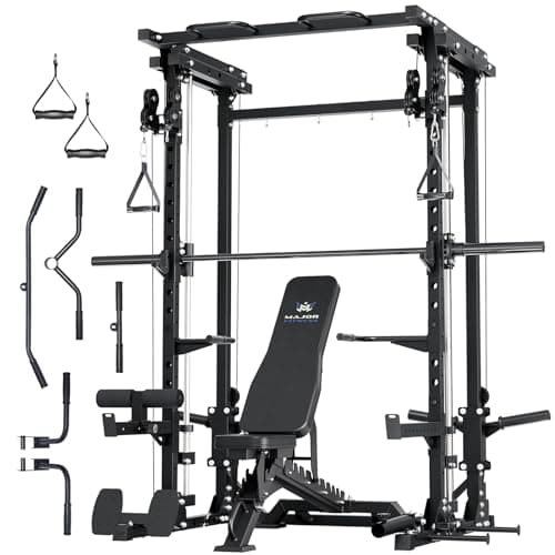 Major Fitness Drone3 Smith Machine with Weight Bench, All-in-One Home Gym Squat Rack with Cable Crossover & Pull-Up Station, Heavy-Duty Full-Body Workout for Strength Training, Black