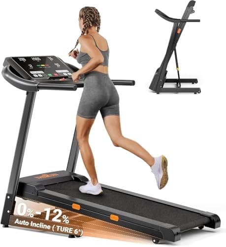 THERUN Incline Treadmill, 0-12% Auto Incline Treadmill for Running and Walking, 300 lbs Weight Capacity, Wide Belt,3.0HP,18" LED Screen, 2 Layers Shock-Absorbing, Orange Black