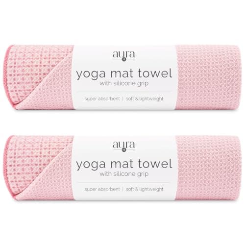 S&T INC. Aura Yoga Mat Towel with Non-Slip Grip, Enhanced Silicone Grip, Soft and Absorbent for Gym, Pilates, and Hot Yoga Mat, 2 Pack, 24 inches x 72 inches, 340GSM, Pink