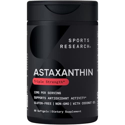 Sports Research® Triple Strength Astaxanthin 12mg w/Organic Coconut Oil - Antioxidant Supplement for Skin & Eye Health Support* - Soy Free · Non-GMO · Gluten Free - 60 Softgels