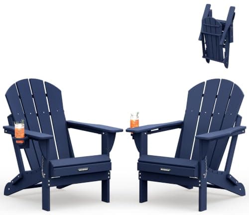 MUCHENGHY Folding Adirondack Chairs Set of 2, Patio & Outdoor Chairs, Plastic Weather Resistant with Cup Holder for Deck, Backyard, Garden (Dark Navy Blue)