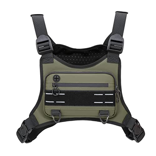 Muserise Sports Chest Bag For Men Women, Water Resistant Lightweight Front Chest Pack, Running Vest Bag With Built-In Phone Holder & Extra Storage For Workouts, Running, Cycling (Olive)