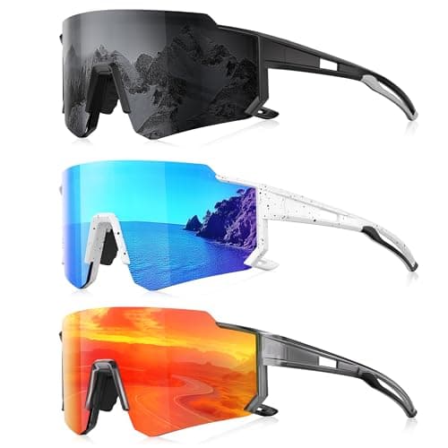 Foliful 3 Pack Polarized Sunglasses for Men Women, Sports Mens Sunglasses with UV Protection for Baseball Cycling Running, C09-Black Gray/Ice Blue/Red
