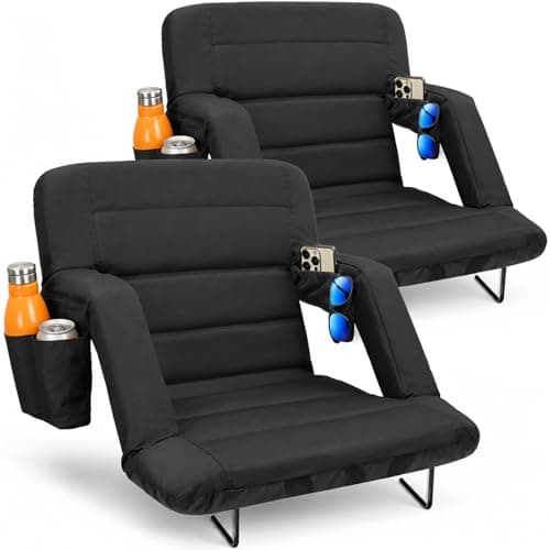 Suteck Stadium Seats with Back Support 2 Pack – 25" Wide Folding Bleacher Chairs, 6-Position Recline, Waterproof with Side Storage Bags, Portable Cushioned Seats for Outdoor Sports & Events