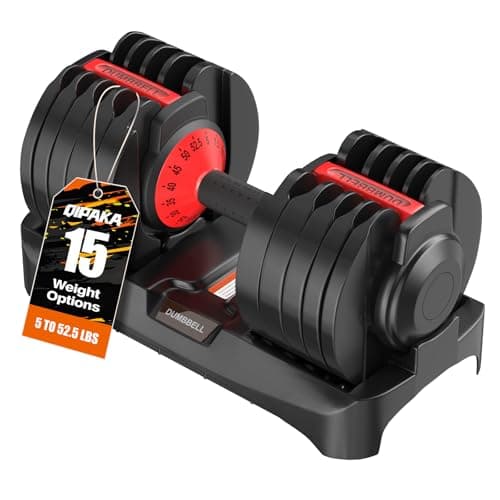 52.5LBS Adjustable Dumbbell, 15 in 1 Durable Weight Dumbbell with Anti-Slip Grip, Fast Adjust Gym Equipment Space Saving for Home Strength Training – Single