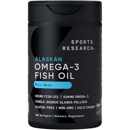 Sports Research® Omega-3 Fish Oil AlaskOmega Mini Gels 625mg from Wild Alaskan Pollock - Burpless Fish Oil Supplement with Omega-3 EPA & DHA - Sustainably Sourced, Non-GMO, Gluten Free - 240 Softgels