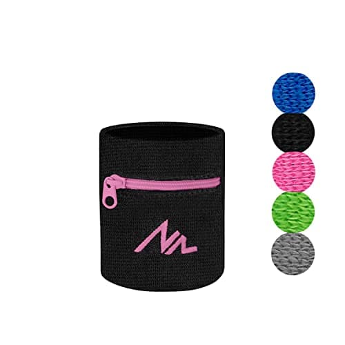 NEWZILL Wrist Wallet (Wristband) with Zipper - Cotton Sweatbands for Men & Women, Ideal for Running, Walking, Basketball, Football, Tennis, Hiking, Workout, and More(Small, Black/Pink)