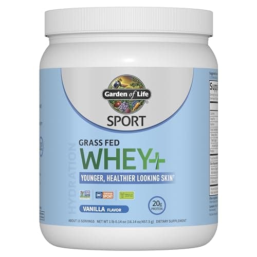Garden of Life SPORT Whey Protein Powder Vanilla Flavor 20g Plus Marine Collagen Peptides & MSM for Women and Men, Optimum Amino Energy, Younger, Healthier Looking Skin - Grass Fed, About 15 Servings