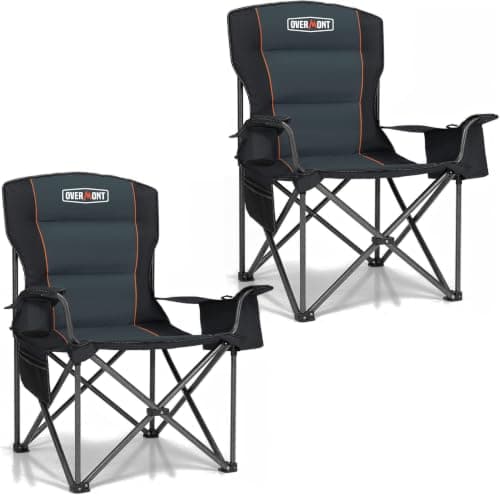 Overmont Oversized Camping Chairs 2 Pack for Adults, Heavy Duty Folding Camp Chairs Support 500 LBS Each, Fully Padded High Back with Cooler Bags, Cup Holders, Side Pockets & Carry Bags, Black