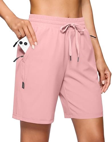 SANTINY Women's 7''/ 9'' Hiking Shorts with 3 Zipper Pockets Lightweight Quick Dry Long Athletic Golf Shorts for Women Casual (Pink_M)