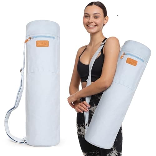 UDANA MEDIUM Yoga Mat Bag fits mats up to 1/4" (6mm) thick, 26.5" wide & 6" rolled diameter - Heavy Duty Canvas Carrier with Full Zip & 3 Pockets - Light Blue