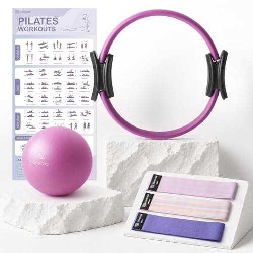 LIONSCOOL Pilates Ring Set (Purple) - 14" Anti-Deformation Magic Circle with Padded Handles, 9" Mini Ball, Non-Slip Fabric Resistance Bands, Guide & Bag