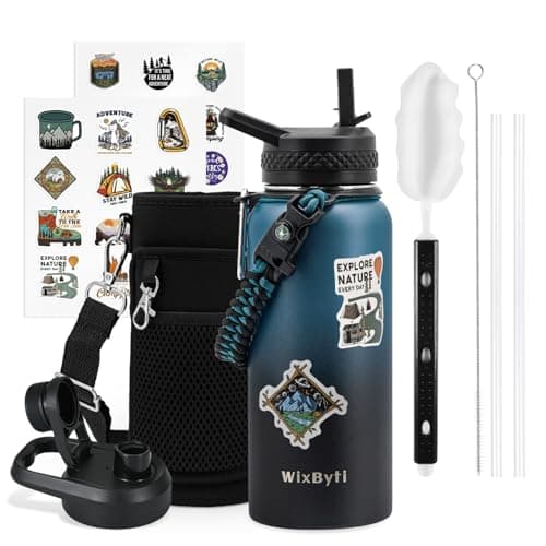 WixByti 32 oz Insulated Water Bottle with Straw (Cold for 24 Hrs), Stainless Steel Triple Wall Vacuum Sports Water Jug, Leakproof Hydro Cup Flask with Paracord Handle & Straw Spout Lids & DIY Stickers