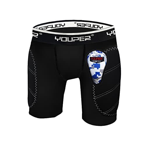 Youper Boys Youth Padded Sliding Shorts with Soft Protective Athletic Cup for Baseball, Football, Lacrosse (Black White, X-Large)